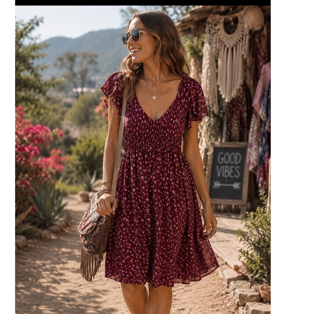 NWT Derek Heart dress 1X Burgundy Floral Smocked Cottagecore prairie